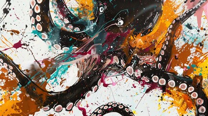 A closeup of an abstract painting with splashes and drips in black, white, orange, pink, teal, and yellow, creating a visually dynamic composition