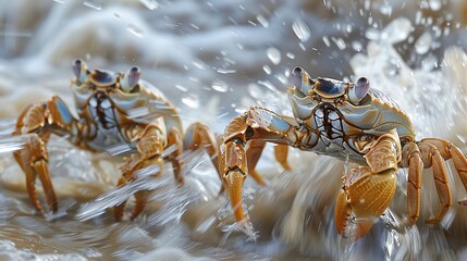 Crabs in motion, capturing the essence of seaside wildlife on the move photographic style - obrazy, fototapety, plakaty