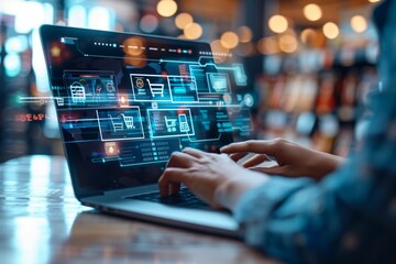 Hands Using Digital Interface for Business Analytics. Hands interact with a futuristic digital interface for business analytics, highlighting modern data analysis and management.