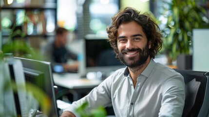 A man smiling while sitting at a desk in front of computer, AI