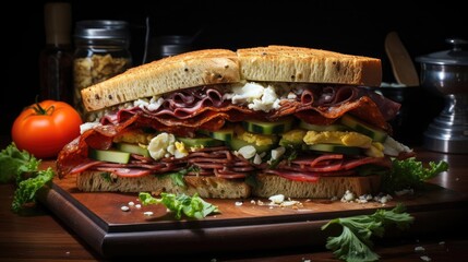 Delicious sandwich full of meat and vegetables, black and blur background