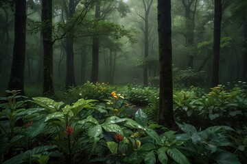 A lush, green forest in the midst of a spring rain with droplets clinging to the leaves and flowers blooming in vibrant colors - obrazy, fototapety, plakaty