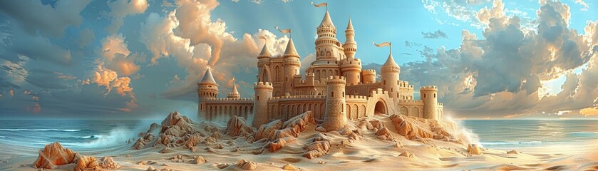 Majestic sandcastle designs, clipart featuring intricate turrets and colorful banners, for playful projects cinematic - obrazy, fototapety, plakaty