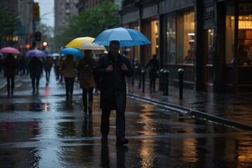 A rainy spring day in the city with neon lights reflecting off the wet pavement and people huddled under umbrellas