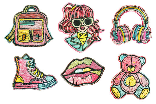 Stylish girl power embroidered patch badge set on transparent background 