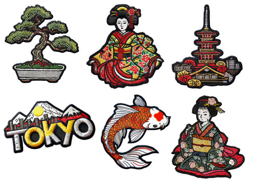 Japan culture embroidered patch badge set on transparent background 