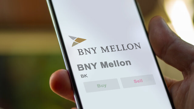 April 09th 2024 , New York City, New York. Close up on logo of BNY Mellon on the screen of an exchange. BNY Mellon price stocks, $BK on a device.