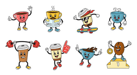Isolated vector illustration set of cartoon comic and hot cafe