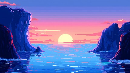 Tranquil seascape with setting sun between rocky cliffs in pixel art style - obrazy, fototapety, plakaty