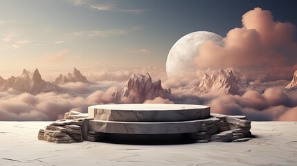 3d circle rock podium product stand or display with sky and cloud background and cinematic light
