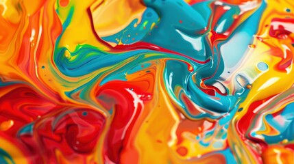 A closeup of the colorful, swirling patterns created by pouring acrylic paints on top of each other, creating an abstract background