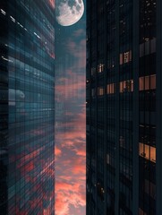 A diorama of moon stages above a reflective skyscraper, merging twilight sparkle with nights depth - obrazy, fototapety, plakaty