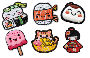 Cute kawaii embroidered patch badge set on transparent background  - obrazy, fototapety, plakaty