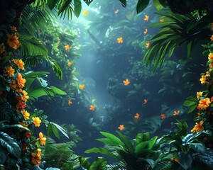 The rainforest bursts with the activity of exotic animals, each leaf and vine meticulously crafted to create a canopy of adventure, In this vivid 3D illustration - obrazy, fototapety, plakaty