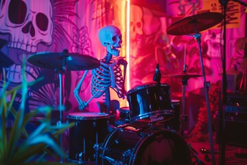 A skeleton playing the drums in a band with a bright, neon stage setup