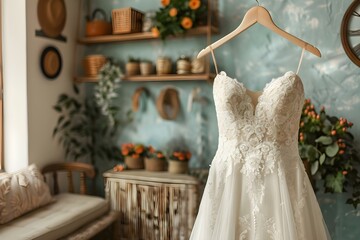 Closeup of a wedding dress in a bridal room with copy space. Concept Wedding Dress, Bridal Room, Closeup Shot, Copy Space