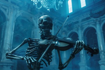 A skeleton playing violin in a moody, bluetoned concert hall, elegant and eerie