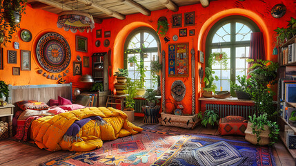 Moroccan-Inspired Bedroom with Vibrant Colors and Rich Textures, Offering an Exotic Retreat into Comfort and Style - obrazy, fototapety, plakaty