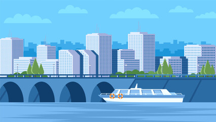 River transport ship floats on the river under the bridge on a modern flat city background.