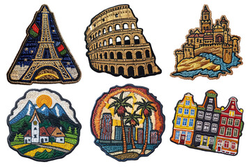 Travel embroidered patch badge set on transparent background 