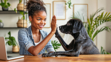 African American woman giving high five to her dog at home
