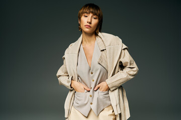 A stylish young woman with short hair poses confidently in a jacket and skirt in a studio setting.
