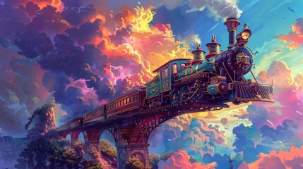 A colorful steam train with an ornate front car is flying through the sky, crossing over a bridge in a dramatic fantasy art style with a cartoon realism effect, in a colorful landscape background - obrazy, fototapety, plakaty