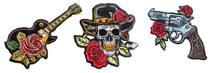 Gans and roses embroidered patch badge set on transparent background 