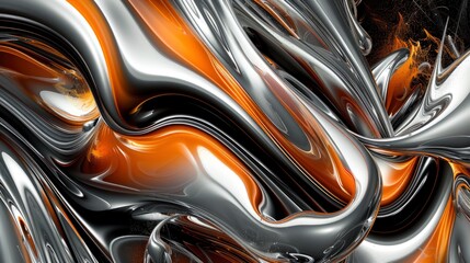 A digital art piece featuring an abstract pattern of swirling silver and orange liquid, creating a mesmerizing visual effect with its dynamic shapes and fluid lines