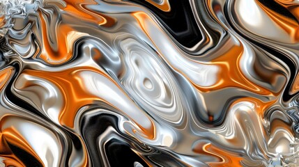 A digital art piece featuring an abstract pattern of swirling silver and orange liquid, creating a mesmerizing visual effect with its dynamic shapes and fluid lines