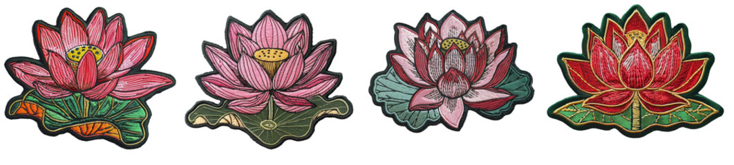 Lotus flower embroidered patch badge set on transparent background  - obrazy, fototapety, plakaty