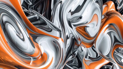 A digital art piece featuring an abstract pattern of swirling silver and orange liquid, creating a mesmerizing visual effect with its dynamic shapes and fluid lines