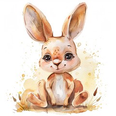 Watercolour Animal Clipart Cute Baby rabbit Siting on white background