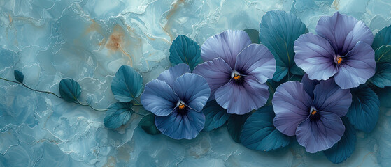 a three purple flowers on a blue marble surface