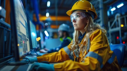A woman in a hard hat and safety glasses working on computer, AI
