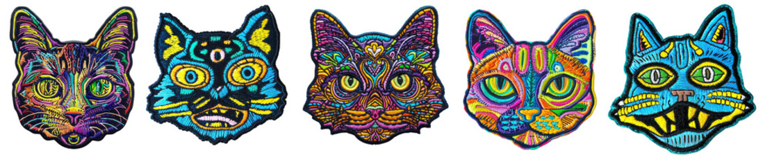 Trippy, psychedelic cat face embroidered patch badge set on transparent background 