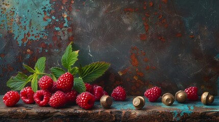 A bunch of raspberries and nuts on a rustic table, AI