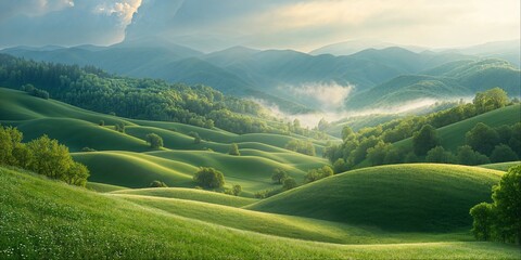 Rolling hills with spring morning dew - obrazy, fototapety, plakaty