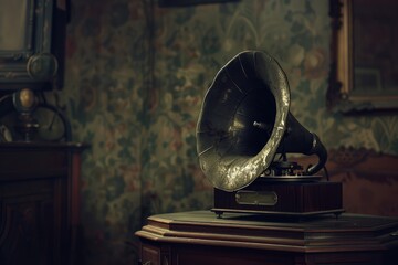  the lighting to highlight the intricate details and textures of the vintage gramophone against the weathered backdrop.