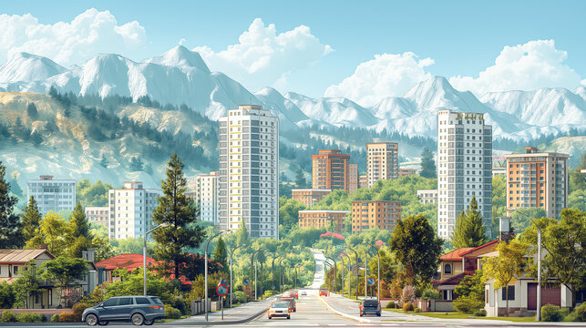 Urban landscape with large modern buildings and suburb with private houses on a background mountains and hills. Street, highway with cars. Concept city and suburban life.