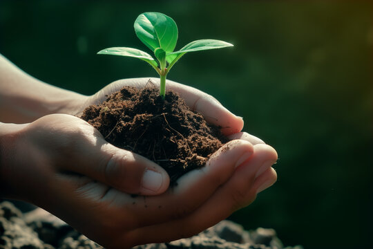 Deux mains vues de c&ocirc;t&eacute; tenant une plantule plac&eacute;e dans une motte de terre devant un arri&egrave;re-plan flou symbolisant l'&eacute;cologie et le d&eacute;veloppement durable.
