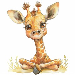 Watercolour Animal Clipart Cute Baby giraffe Siting on white background