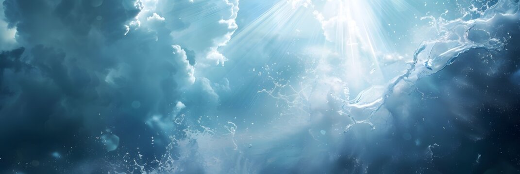 Serene blue sky with fluffy white clouds and a sunbeam shining through