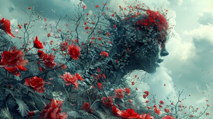 Intriguing digital artwork blending reality and fantasy, portraying a surreal scene of blossoming flowers and shattered human sculptures, symbolizing the enduring power of life and hope.