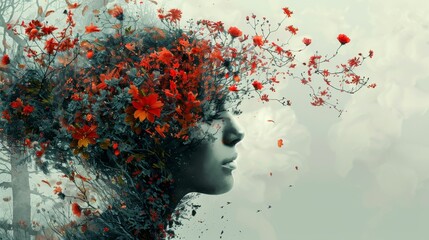 Imaginative digital artwork portraying the concept of life and freedom through a surreal fusion of floral elements and fragmented human forms.