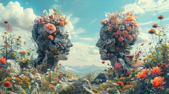 Intriguing digital illustration depicting a surreal landscape where flowers bloom amidst fragmented human sculptures, inspiring feelings of hope and renewal.