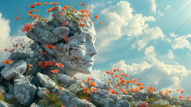 Intriguing digital illustration depicting a surreal landscape where flowers bloom amidst fragmented human sculptures, inspiring feelings of hope and renewal.