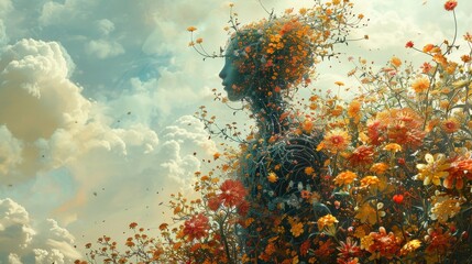 Captivating surreal artwork portraying the essence of life, freedom, and hope through a dreamlike composition of blossoming flowers and shattered human forms.
