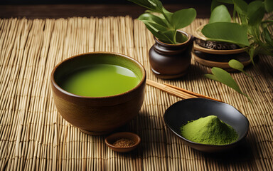 Obraz na płótnie Canvas Japanese matcha tea, whisked, frothy, traditional tea bowl, bamboo mat, Zen setting