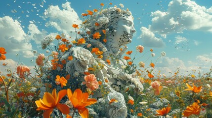 Fototapeta na wymiar Artistic digital rendering exploring the theme of life, freedom, and hope through a surreal composition of flowers juxtaposed with fragmented human sculptures.